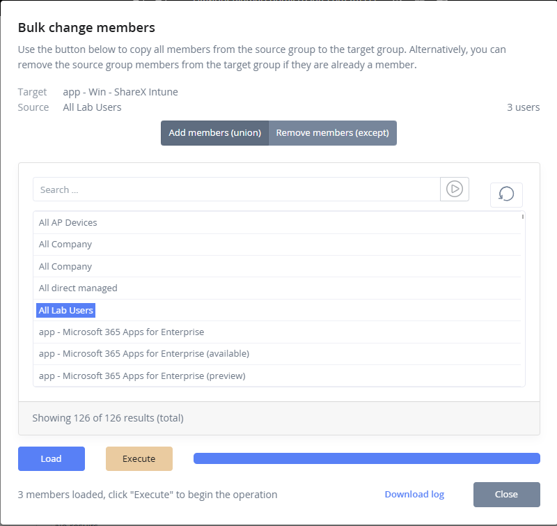 Execution of the bulk operation. Users are added to the new group, a log is available for your reference.